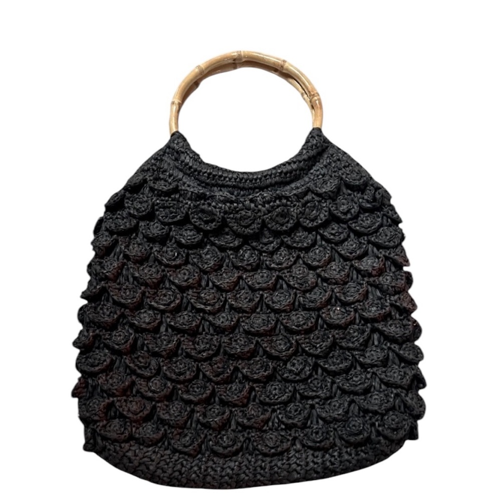 J Crew Black Woven Straw Bag Dual round wooden handles Large Bag Fully Lined